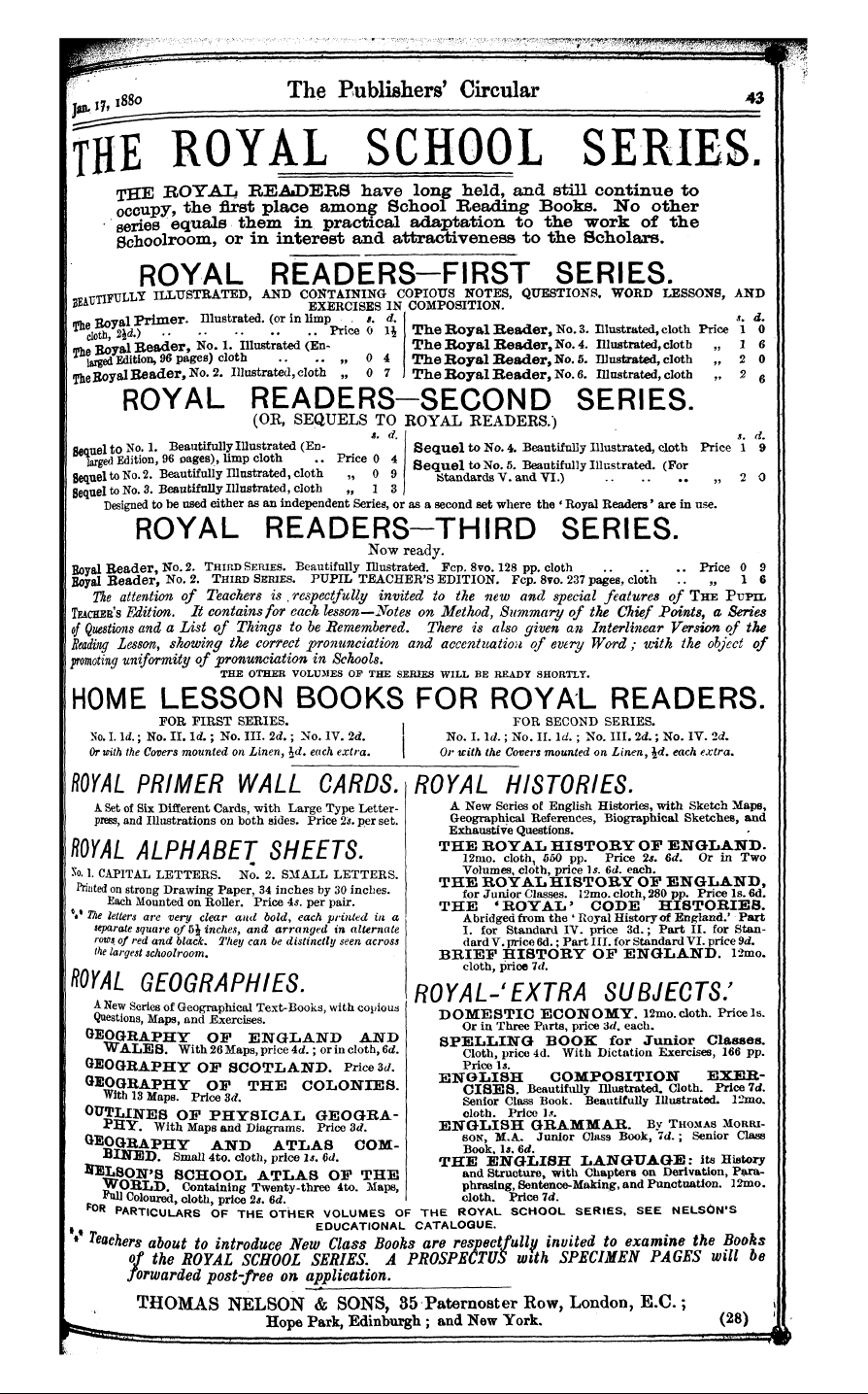 Publishers’ Circular (1880-1890): jS F Y, 1st edition - Ad04301