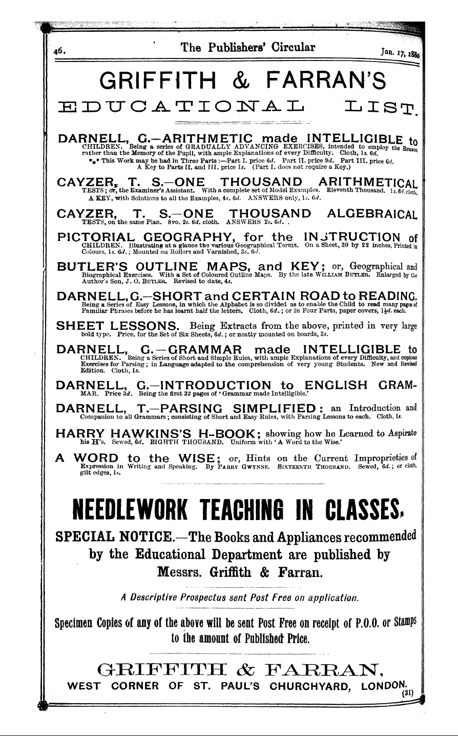 Publishers’ Circular (1880-1890): jS F Y, 1st edition - Ad04601