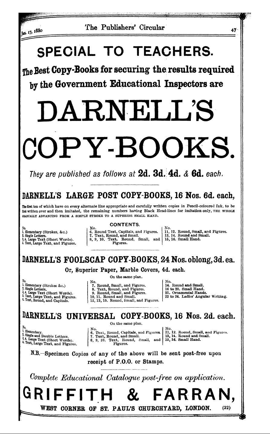 Publishers’ Circular (1880-1890): jS F Y, 1st edition - Ad04701