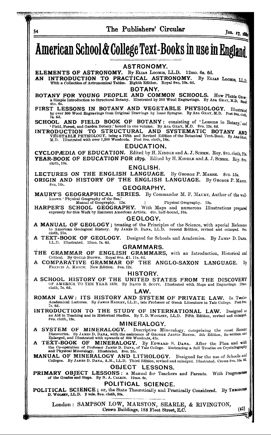 Publishers’ Circular (1880-1890): jS F Y, 1st edition - Ar05400