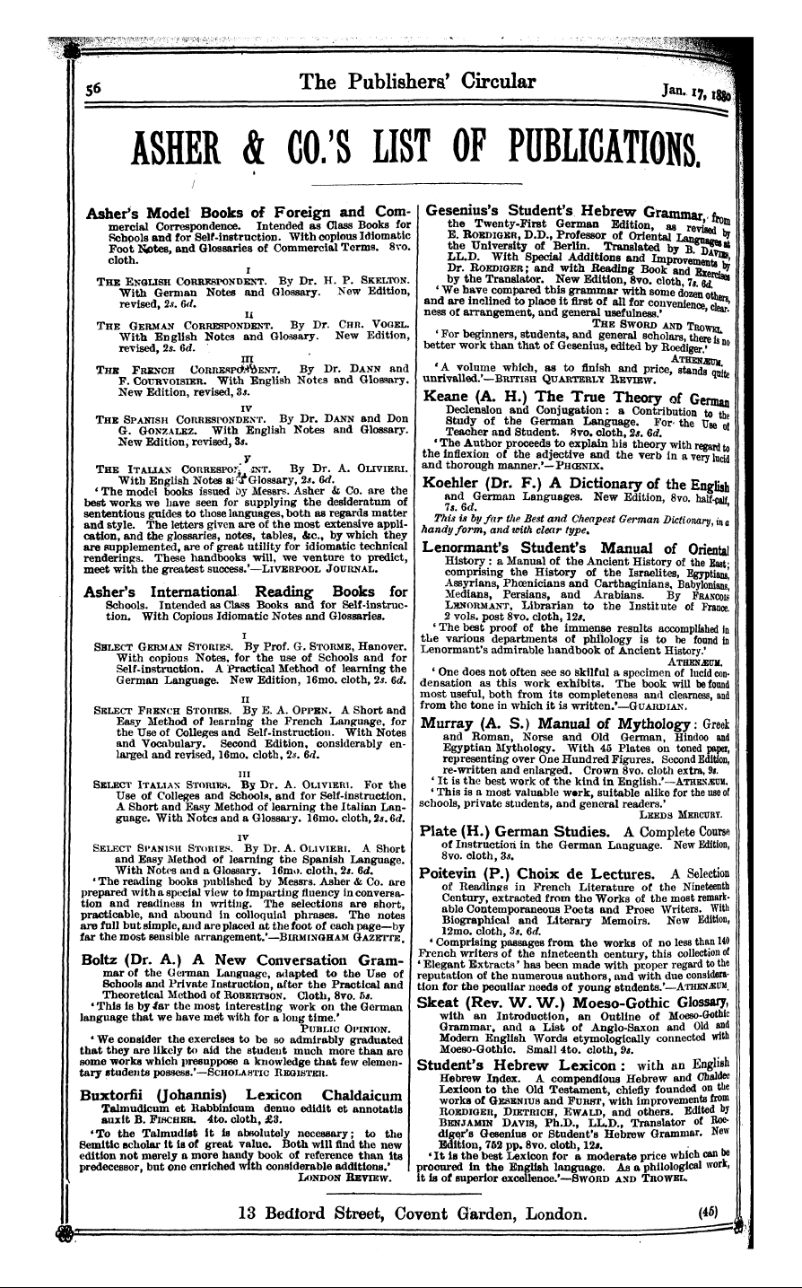 Publishers’ Circular (1880-1890): jS F Y, 1st edition - Ad05601