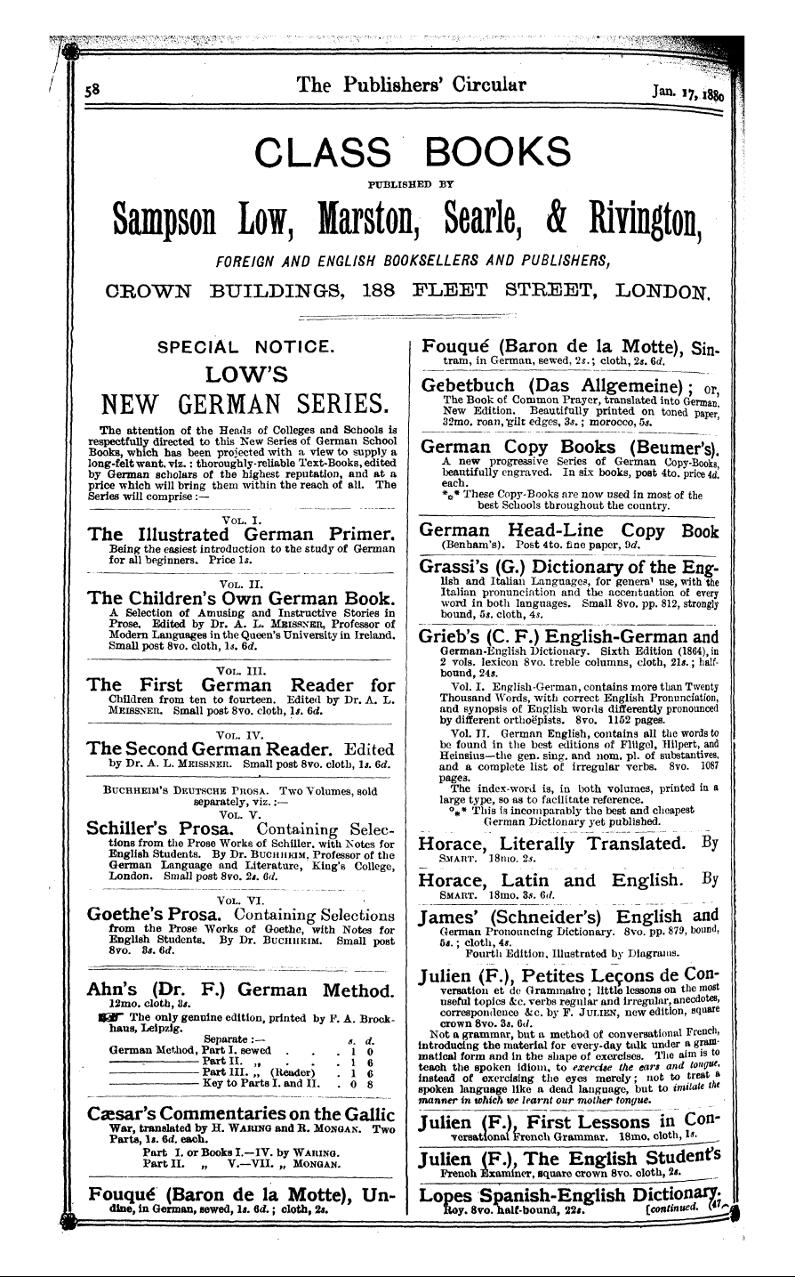 Publishers’ Circular (1880-1890): jS F Y, 1st edition - Ad05901