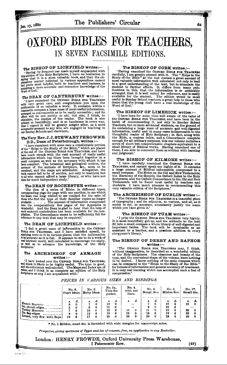 Publishers’ Circular (1880-1890): jS F Y, 1st edition - Ad06101