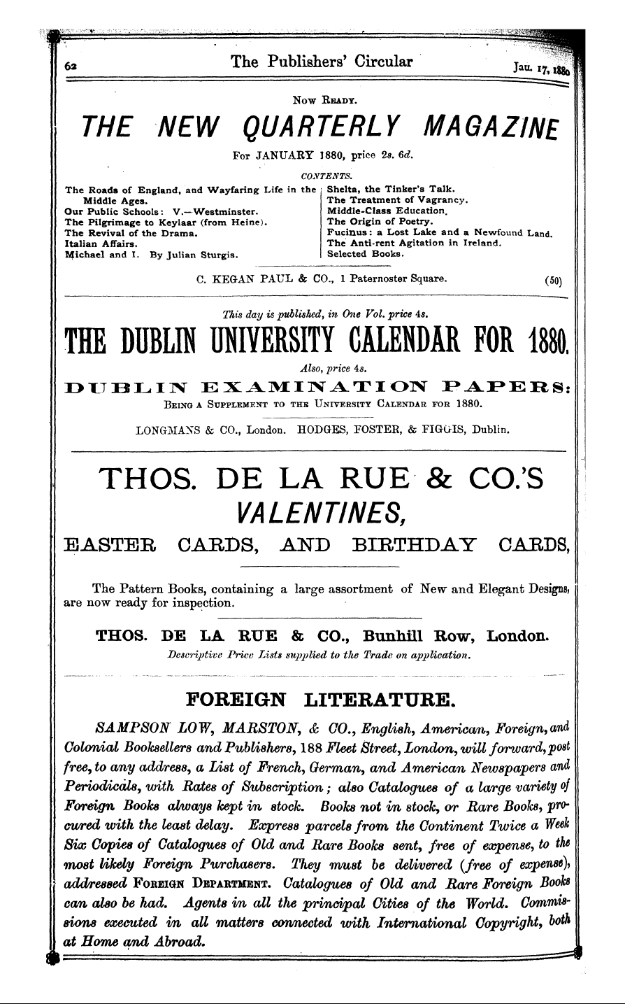 Publishers’ Circular (1880-1890): jS F Y, 1st edition - Ad06203