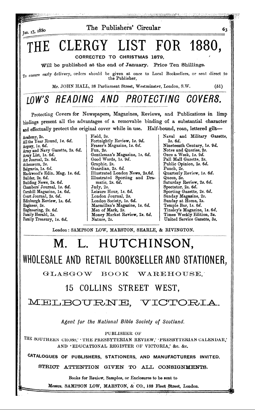 Publishers’ Circular (1880-1890): jS F Y, 1st edition: 63