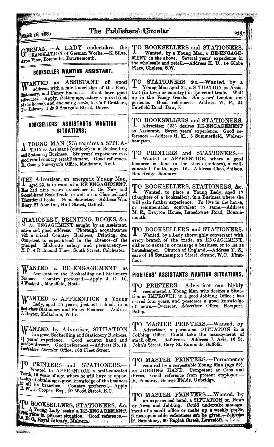 Publishers’ Circular (1880-1890): jS F Y, 1st edition - Ad03512