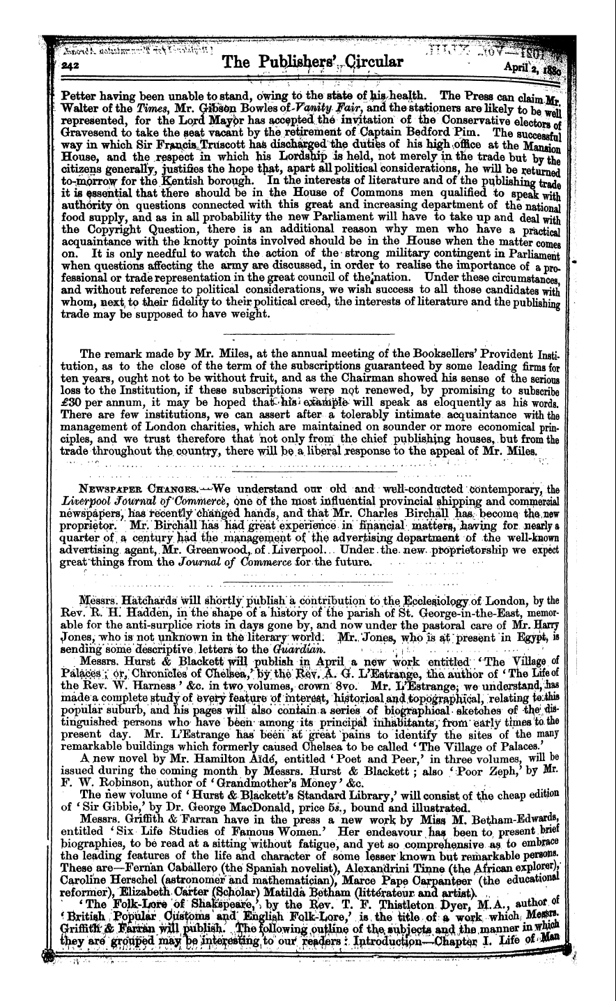 Publishers’ Circular (1880-1890): jS F Y, 1st edition - Newspaper Changes. -^We Understand Our O...