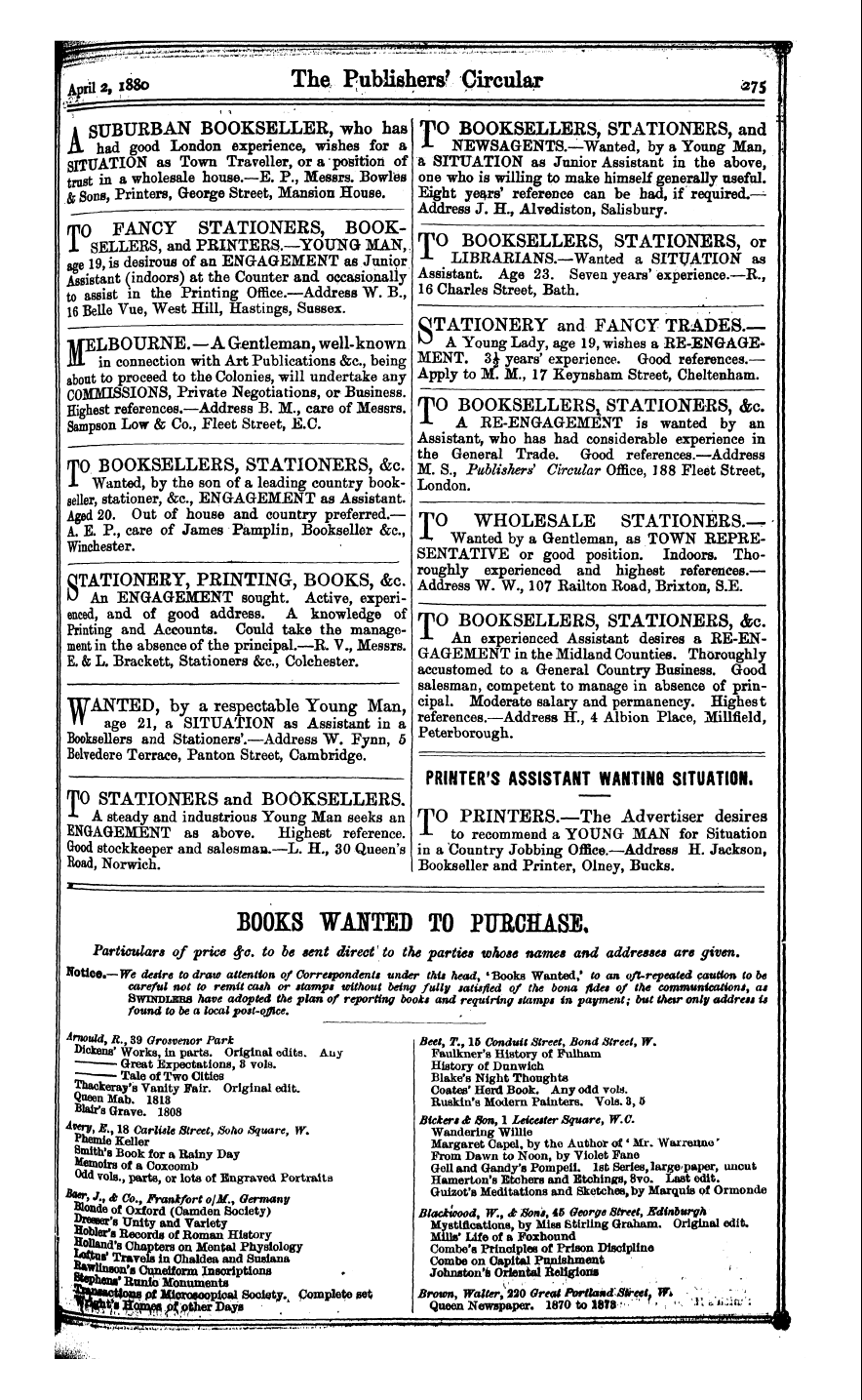 Publishers’ Circular (1880-1890): jS F Y, 1st edition - Ad03508