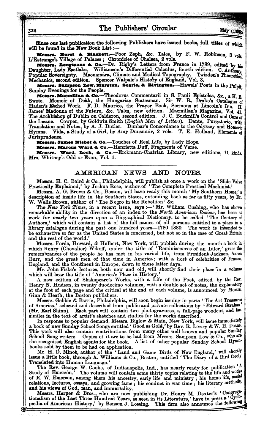 Publishers’ Circular (1880-1890): jS F Y, 1st edition - Will Since Be Found Our Last In The Publ...