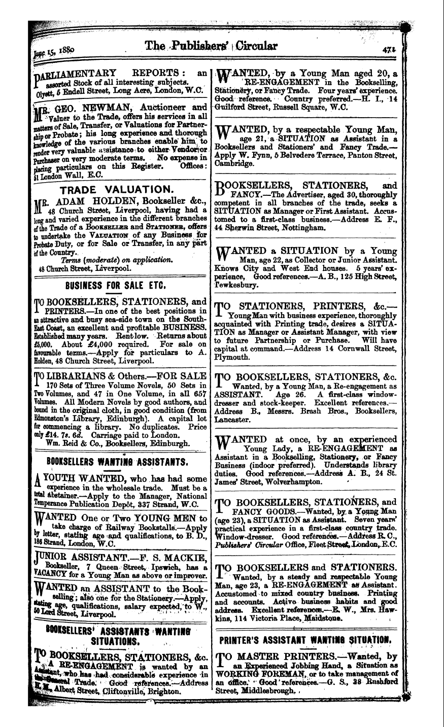 Publishers’ Circular (1880-1890): jS F Y, 1st edition - Ad03116