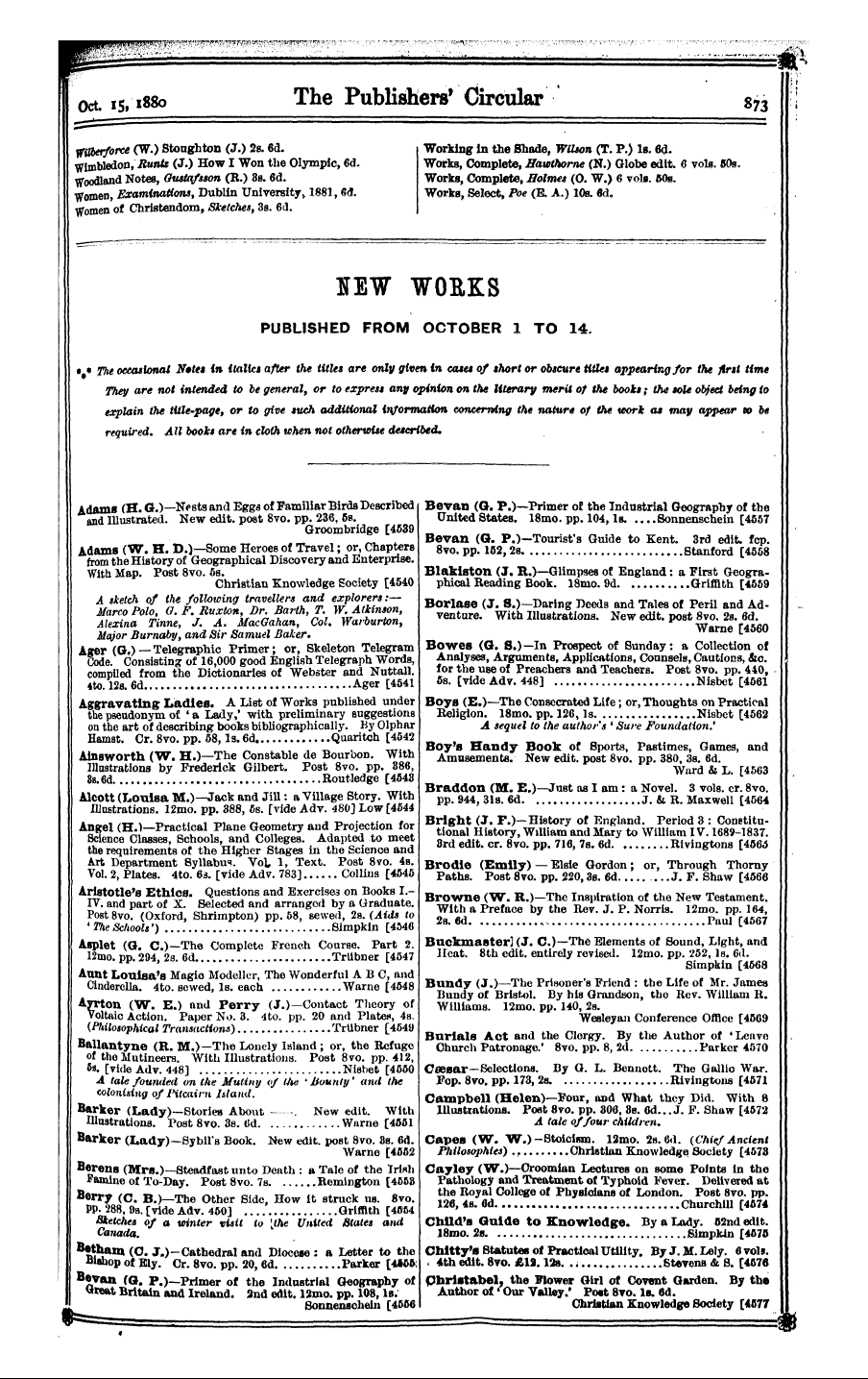 Publishers’ Circular (1880-1890): jS F Y, 1st edition: 13