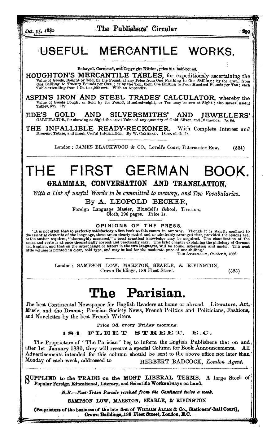 Publishers’ Circular (1880-1890): jS F Y, 1st edition - Ad03902