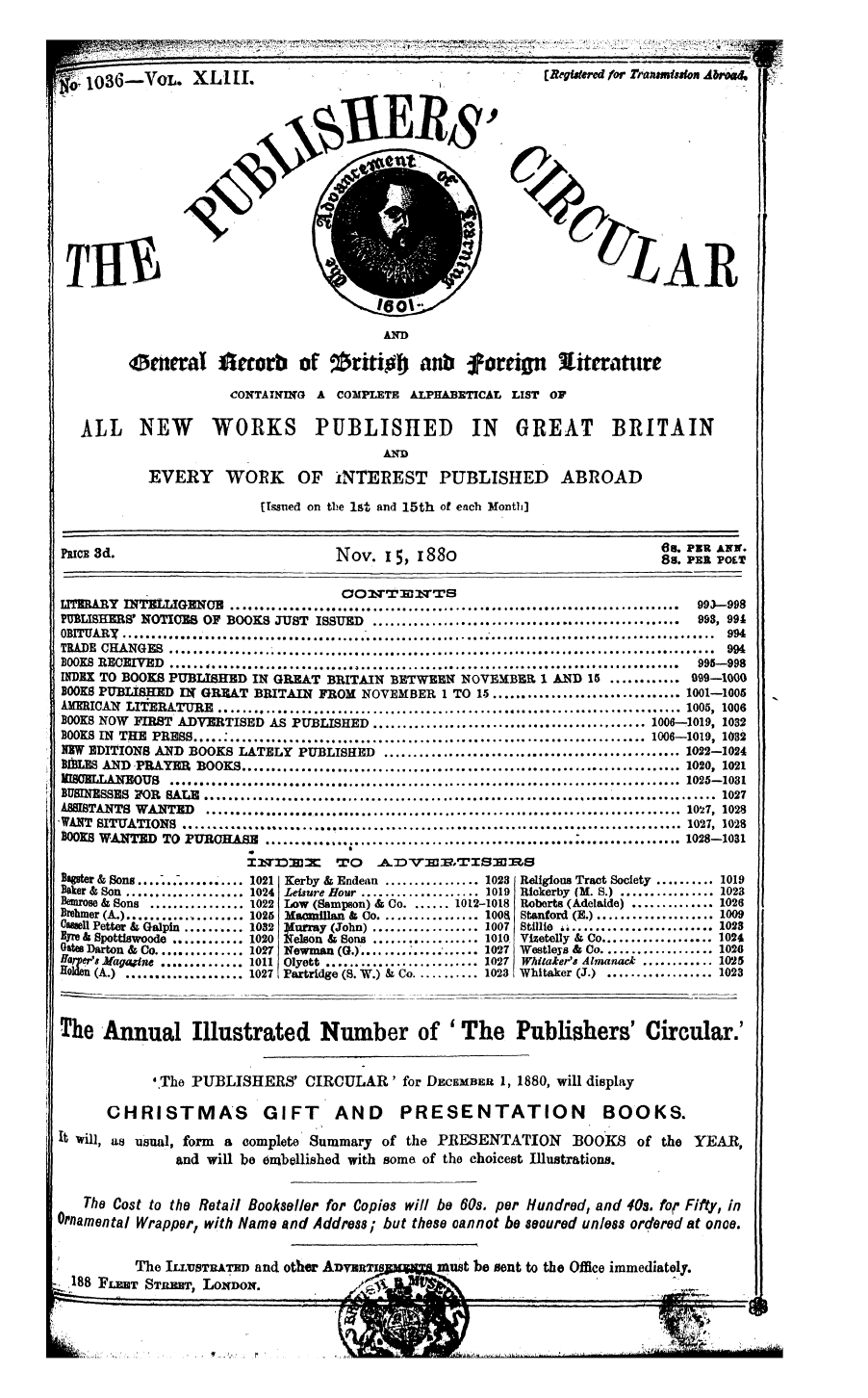 Publishers’ Circular (1880-1890): jS F Y, 1st edition - P*K * 3d. Nov. 15, 1880 Gj K* £5