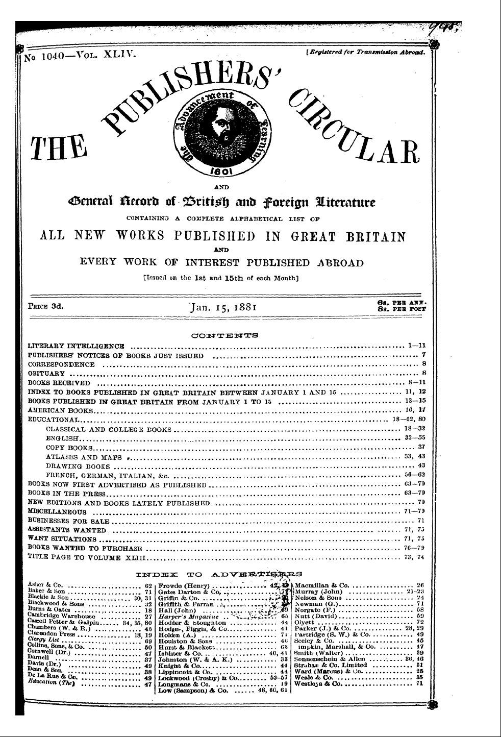 Publishers’ Circular (1880-1890): jS F Y, 1st edition - I Ooutents