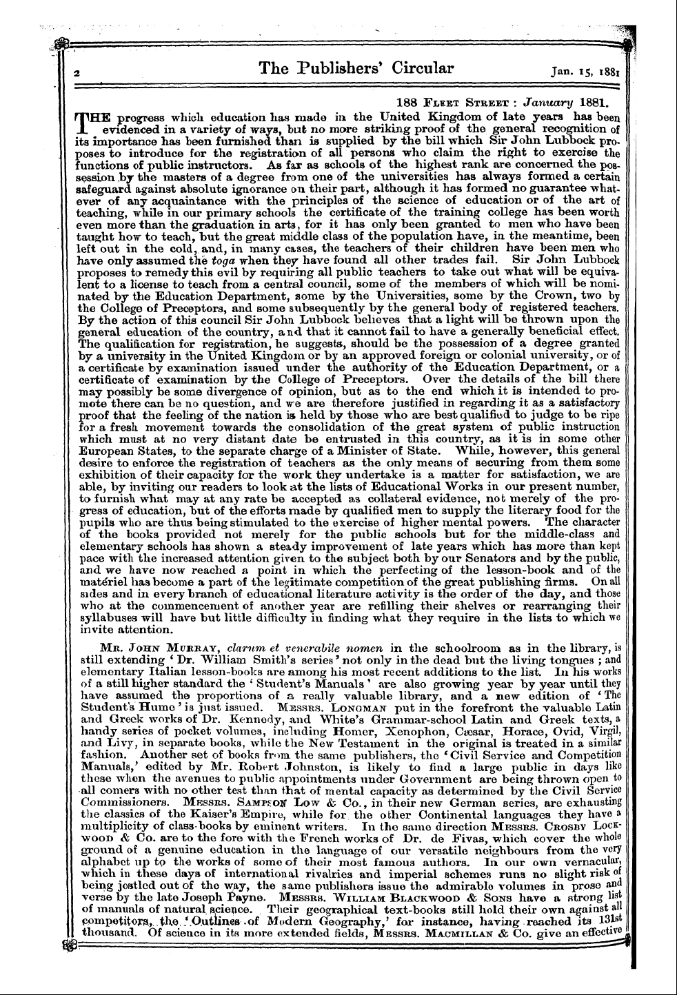 Publishers’ Circular (1880-1890): jS F Y, 1st edition - 188 Fleet Street : January 1881.