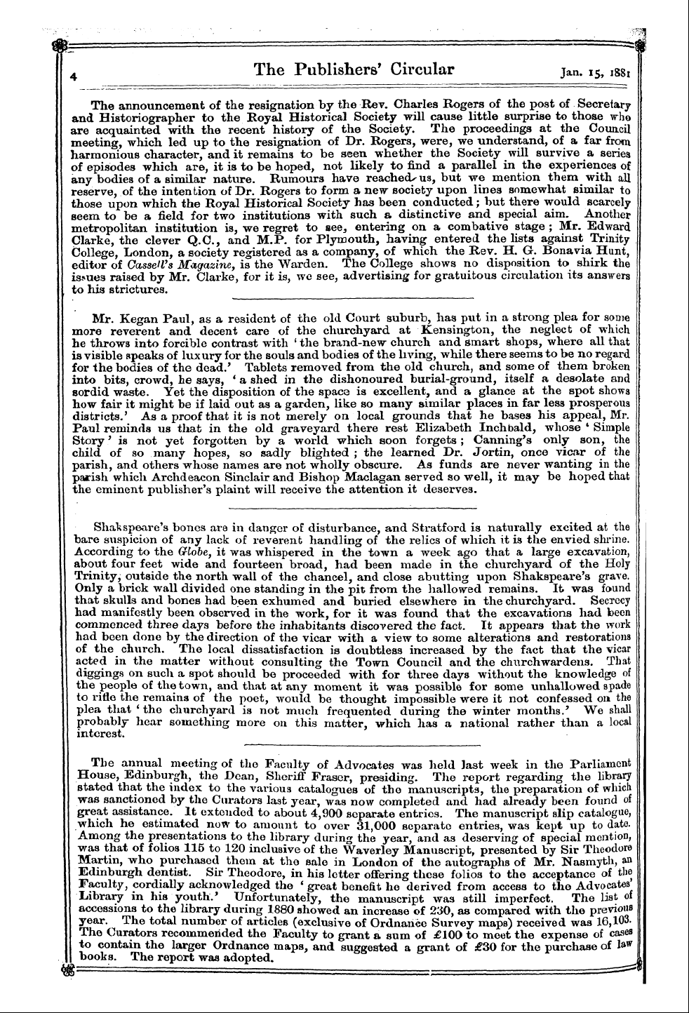 Publishers’ Circular (1880-1890): jS F Y, 1st edition - More Mr. Reverent Kegan Paul And , As De...