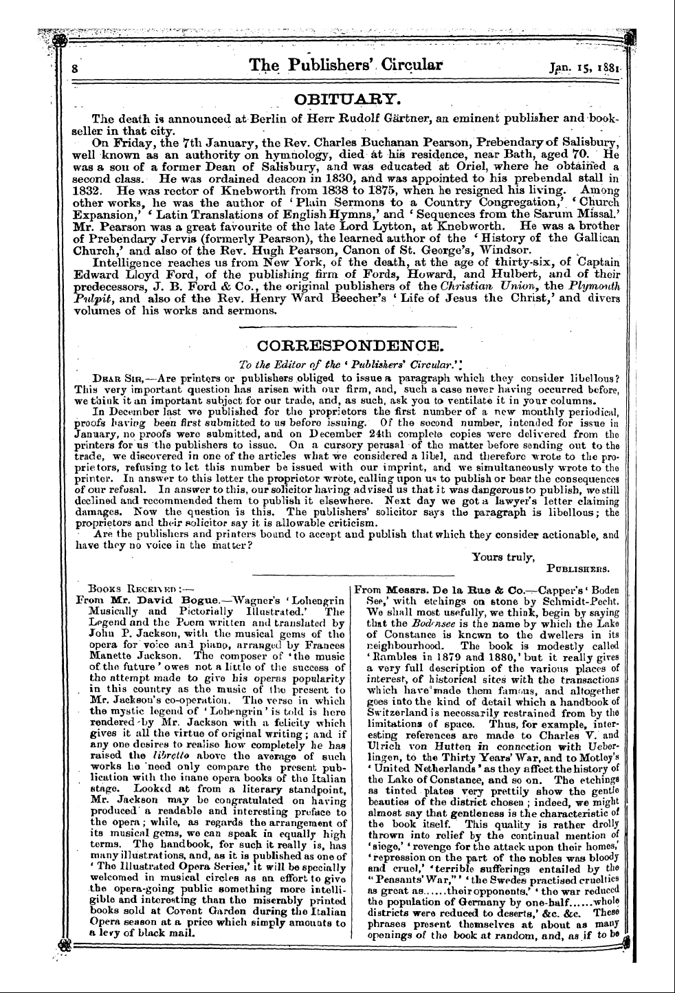 Publishers’ Circular (1880-1890): jS F Y, 1st edition - Obituaby.