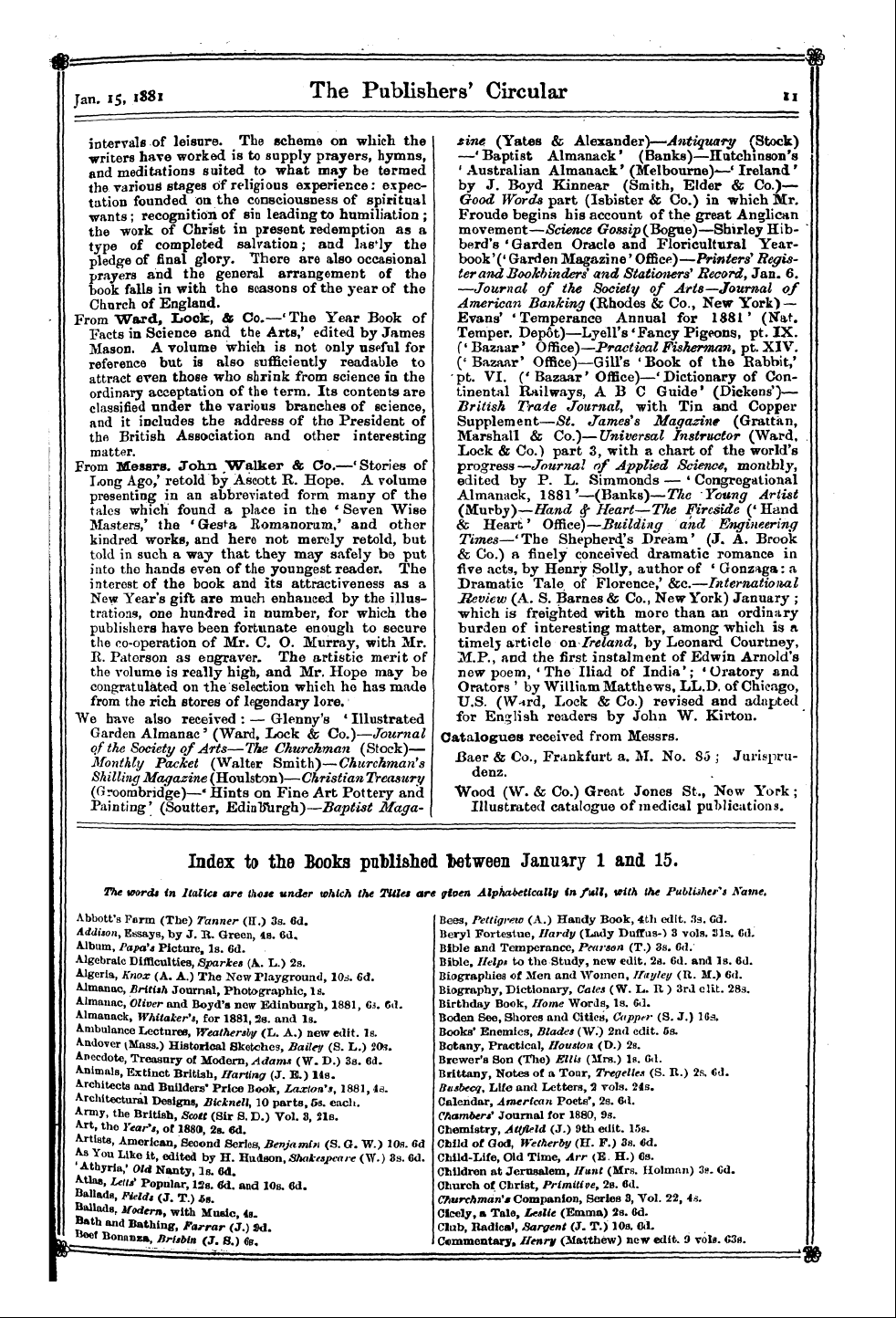 Publishers’ Circular (1880-1890): jS F Y, 1st edition - Abbott's Farm (The) Tanner (E.) 3s. 6d. ...