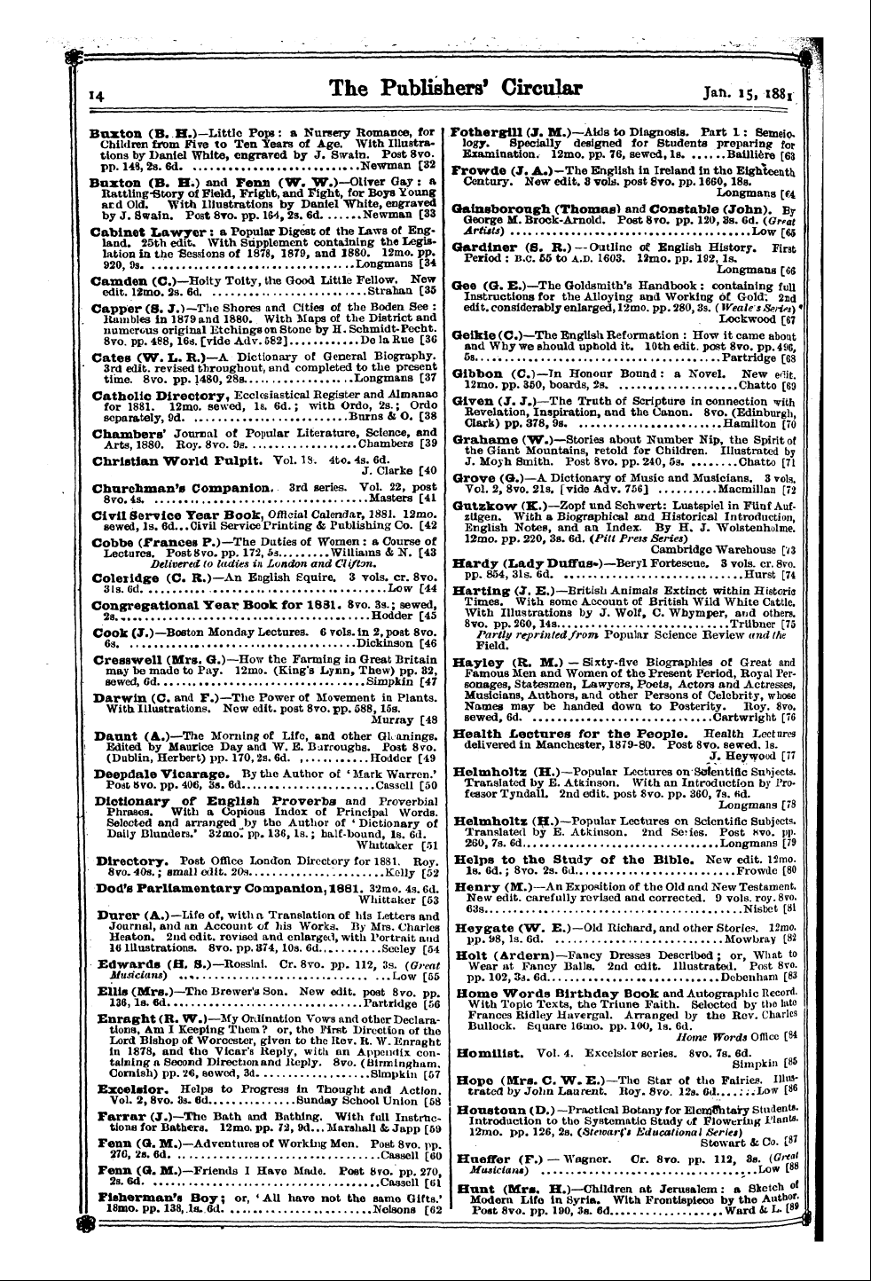 Publishers’ Circular (1880-1890): jS F Y, 1st edition - I4 The Pablishers* Circular Jan. 15,188,...