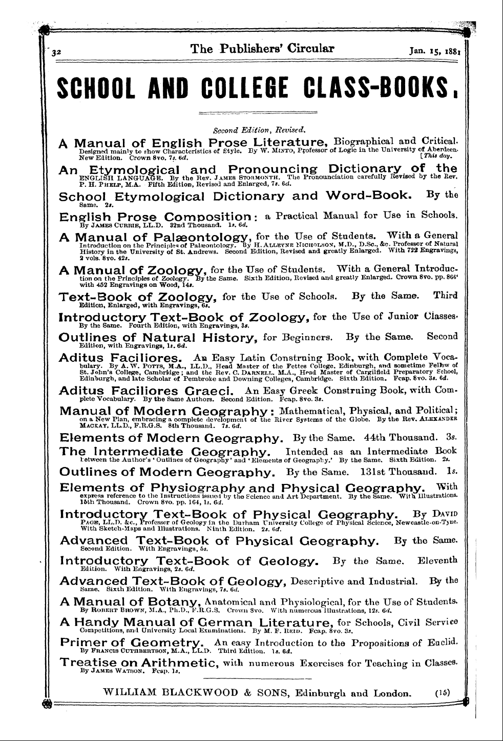 Publishers’ Circular (1880-1890): jS F Y, 1st edition - Ad03201