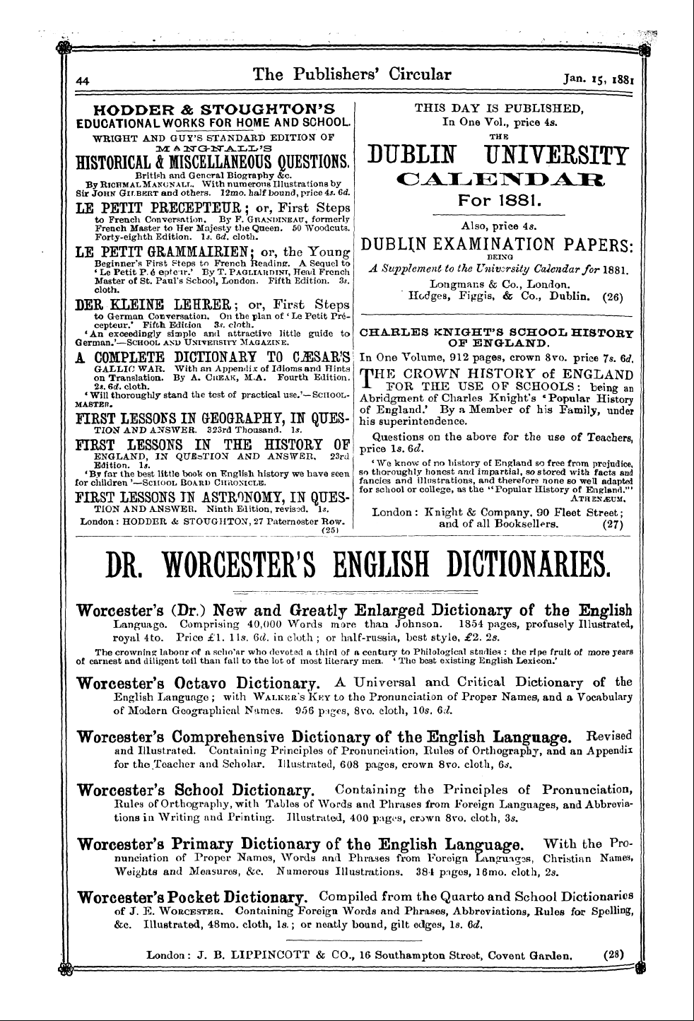 Publishers’ Circular (1880-1890): jS F Y, 1st edition - Ad04403