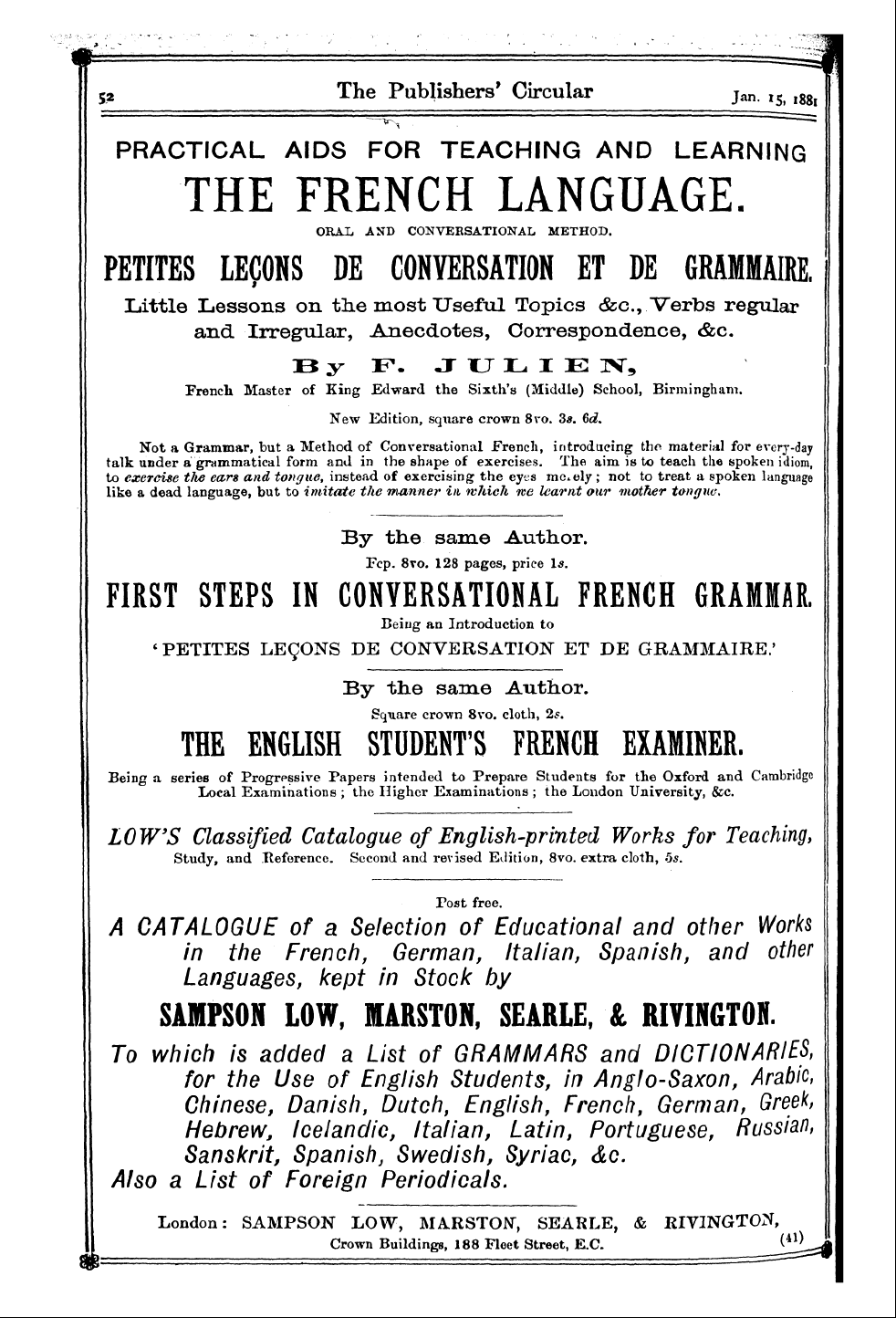 Publishers’ Circular (1880-1890): jS F Y, 1st edition: 52