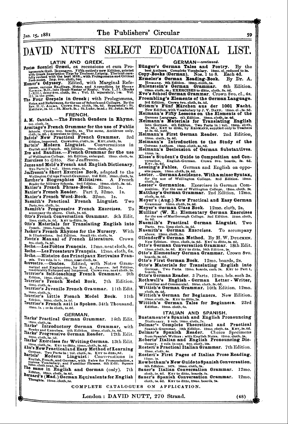 Publishers’ Circular (1880-1890): jS F Y, 1st edition - Tan. 15,1881 The Publishers' Circular 59