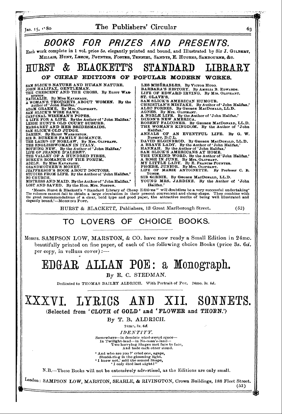 Publishers’ Circular (1880-1890): jS F Y, 1st edition: 63