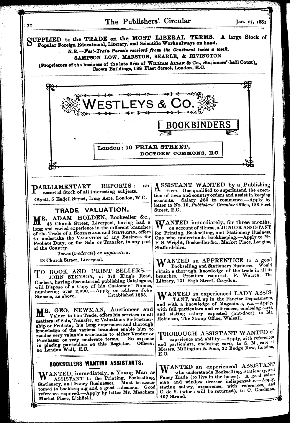 Publishers’ Circular (1880-1890): jS F Y, 1st edition - Ad07205