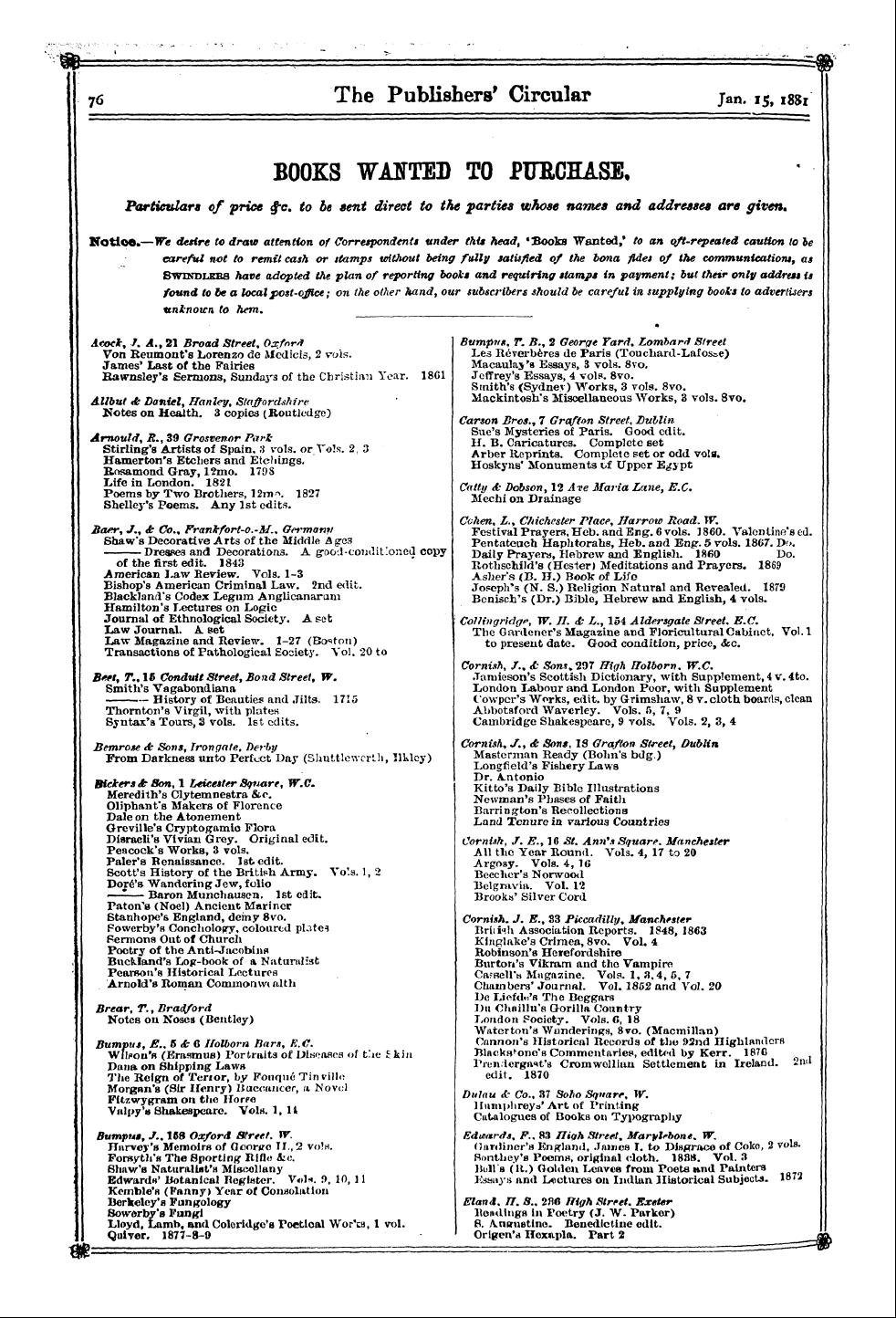 Publishers’ Circular (1880-1890): jS F Y, 1st edition - Books Waitted To Purchase. I Particulars Of Price &Lt;F C. To Be Sent Direct To The Parties Whose Names And Addresses Are Given*