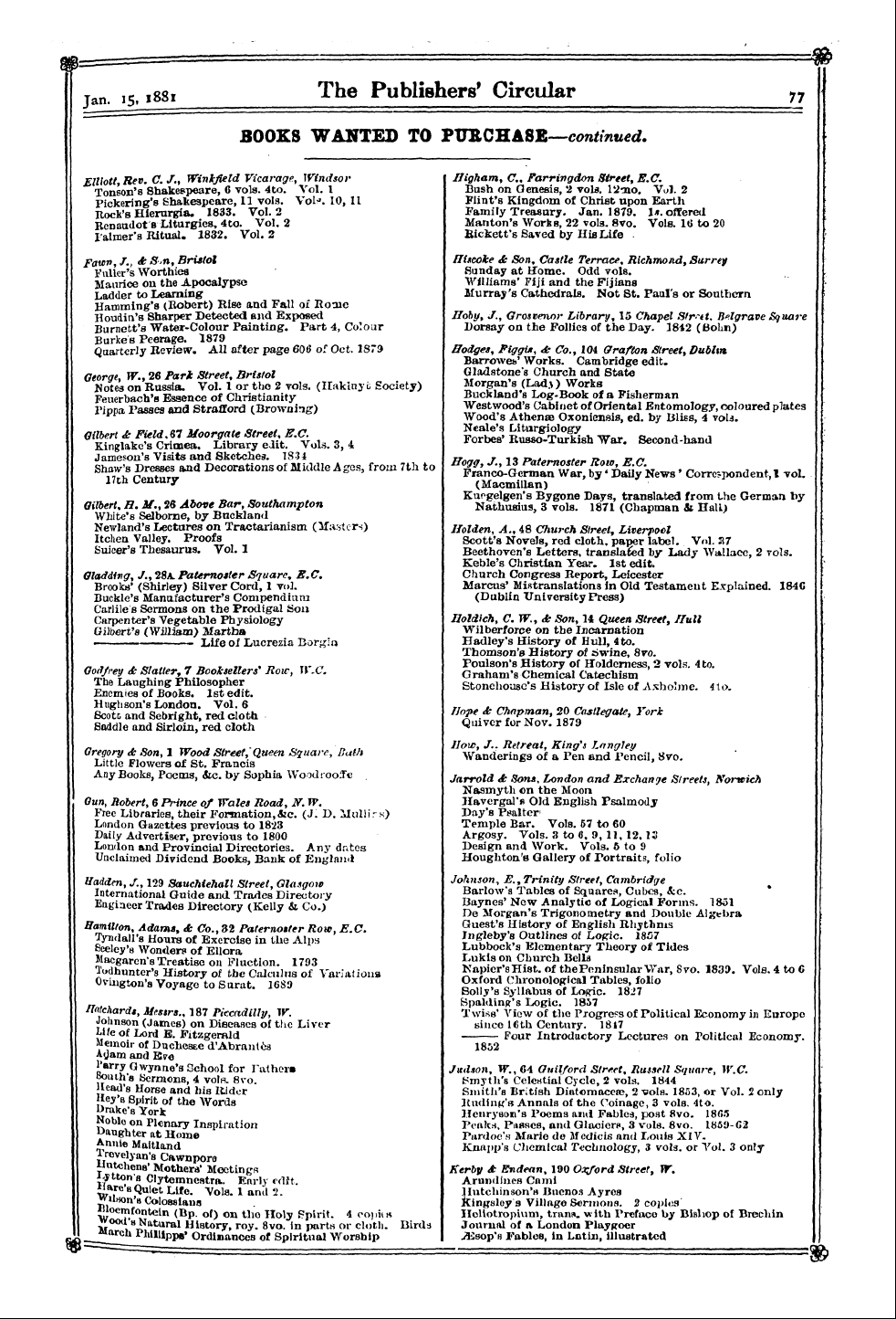 Publishers’ Circular (1880-1890): jS F Y, 1st edition - Atock Von , Reuniont 7. ^., 21 Broad 'S ...