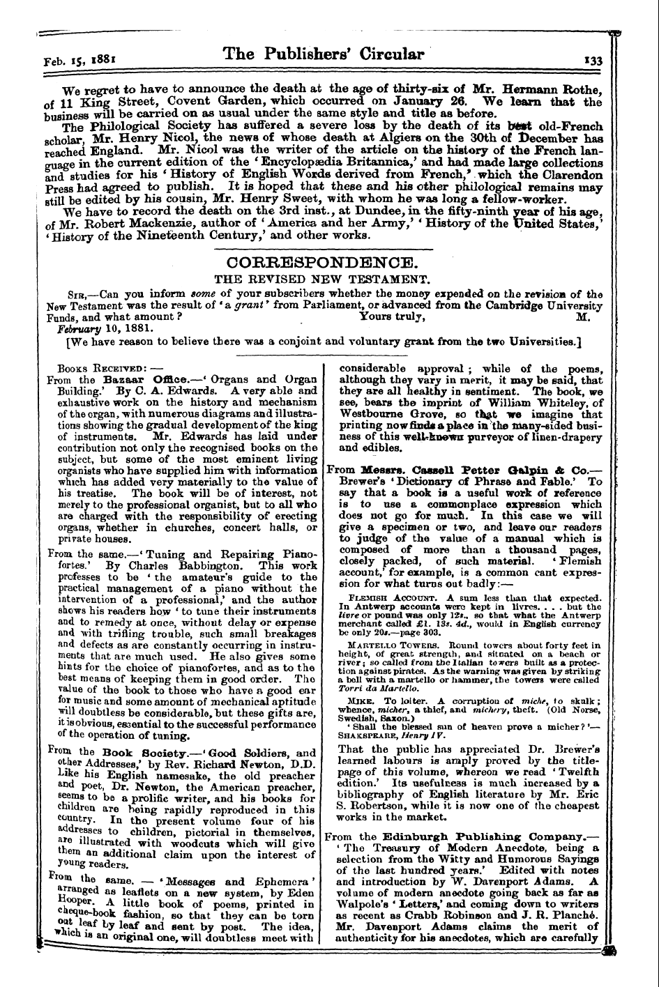 Publishers’ Circular (1880-1890): jS F Y, 1st edition - Obituaby.