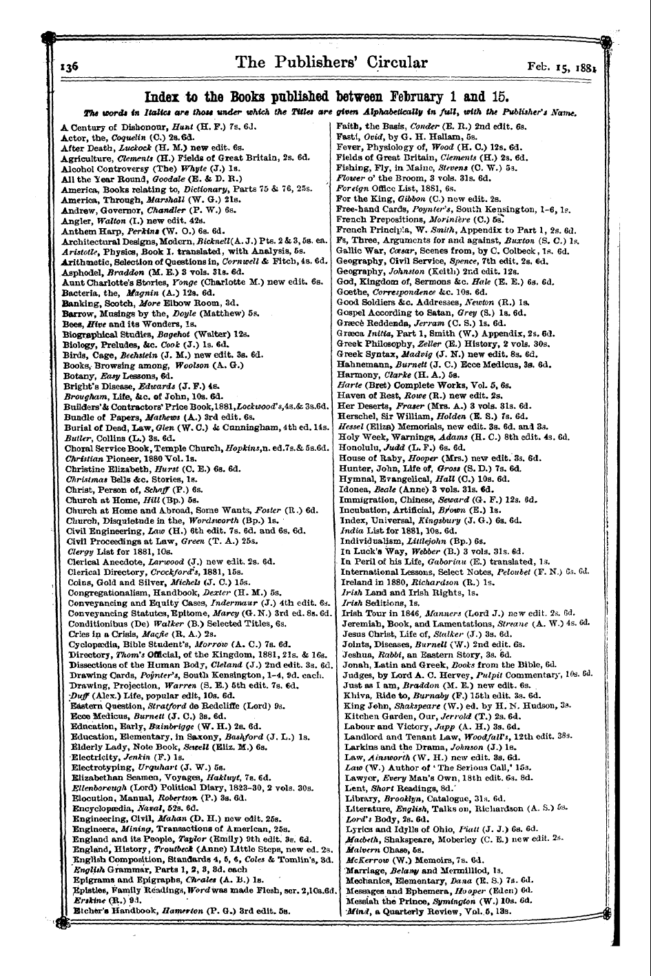 Publishers’ Circular (1880-1890): jS F Y, 1st edition - ,.. .. Index To The Books Published Between February 1 And 15. The Word* In Italics Are Thou Under Which The Titles Are Given Alphabetically In Full, With The Publisher' * Name.