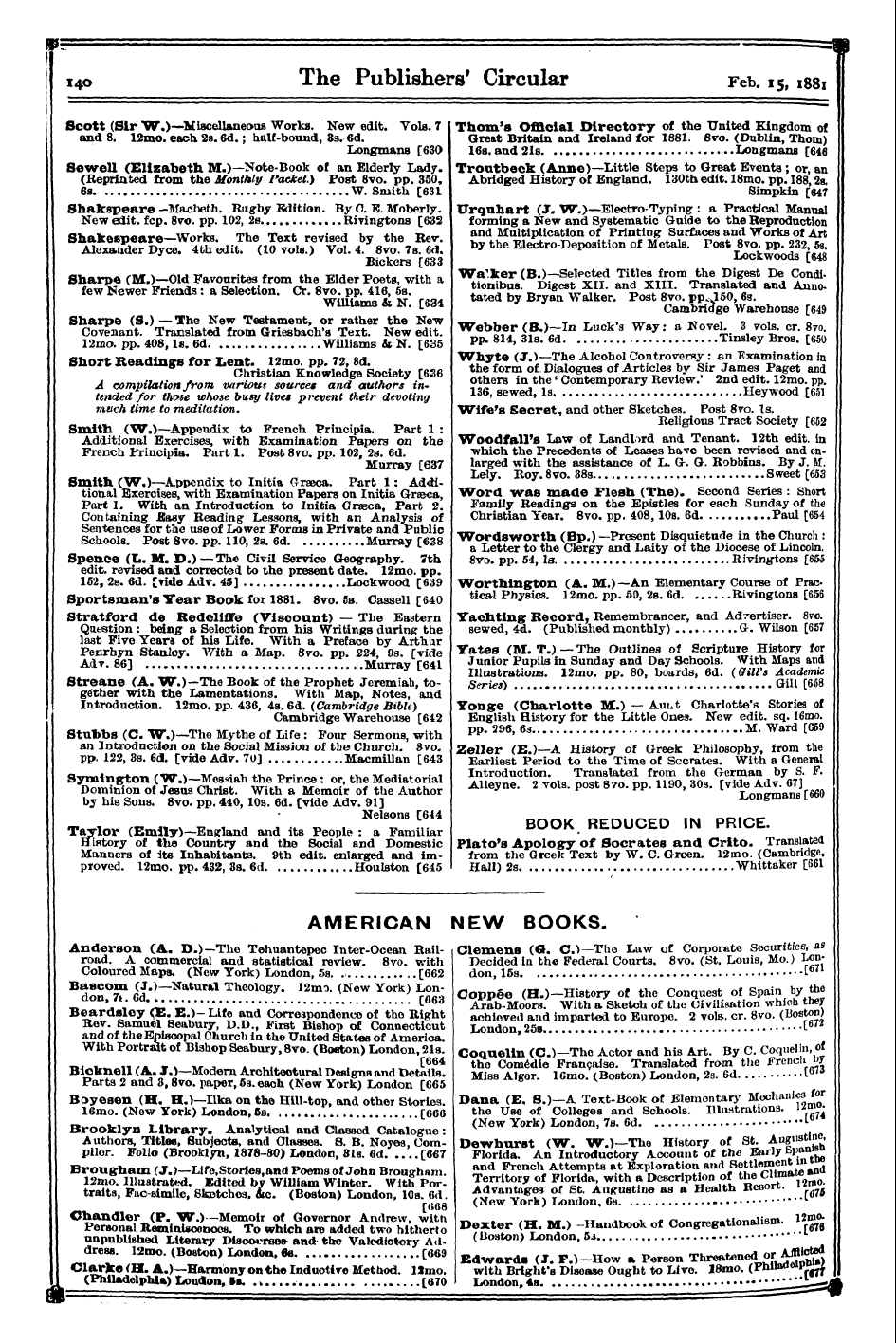 Publishers’ Circular (1880-1890): jS F Y, 1st edition: 16