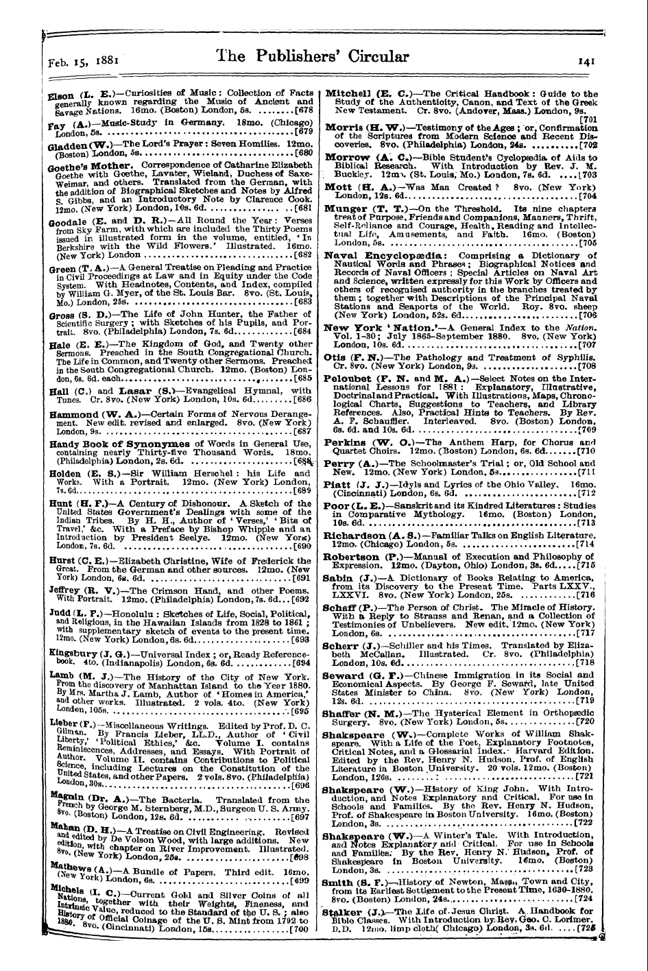 Publishers’ Circular (1880-1890): jS F Y, 1st edition: 17