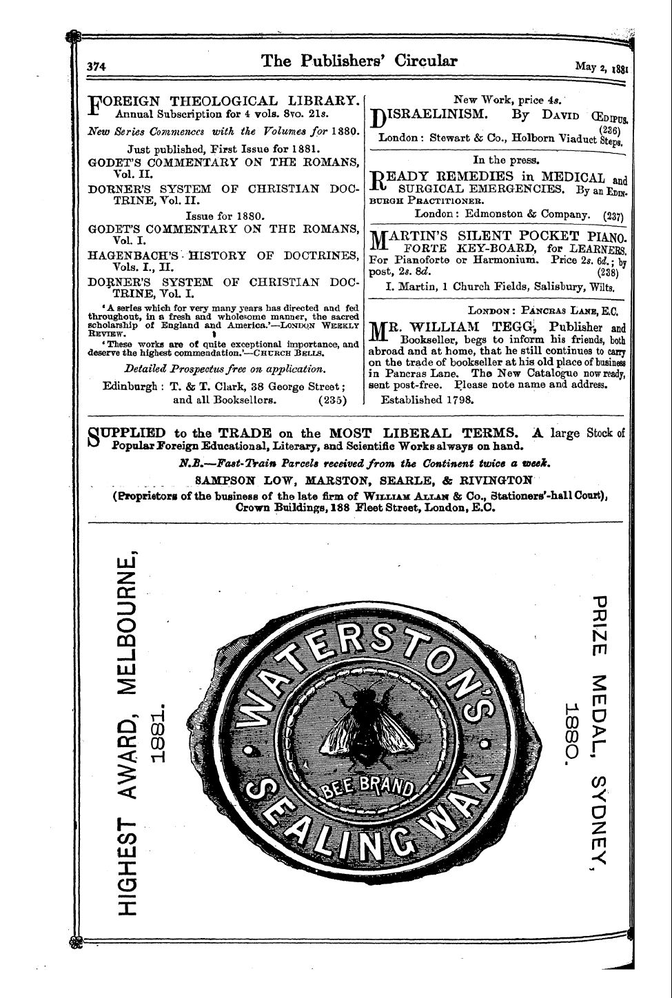 Publishers’ Circular (1880-1890): jS F Y, 1st edition - Ad03404