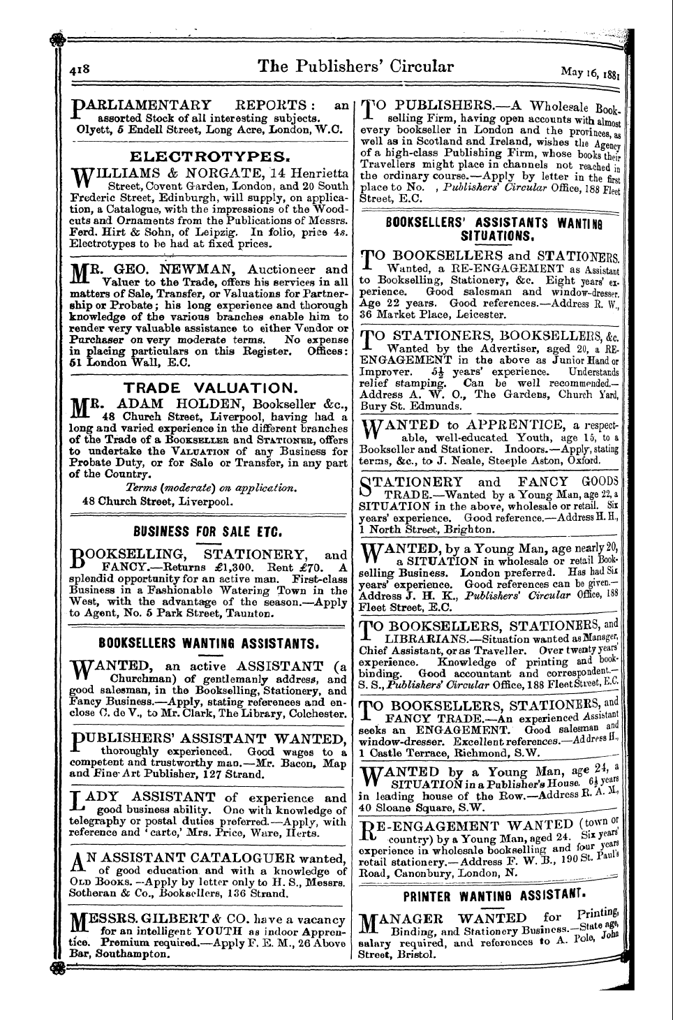 Publishers’ Circular (1880-1890): jS F Y, 1st edition - Printer Wantinb Assistant-^ ^ _ • 1 A * Ft