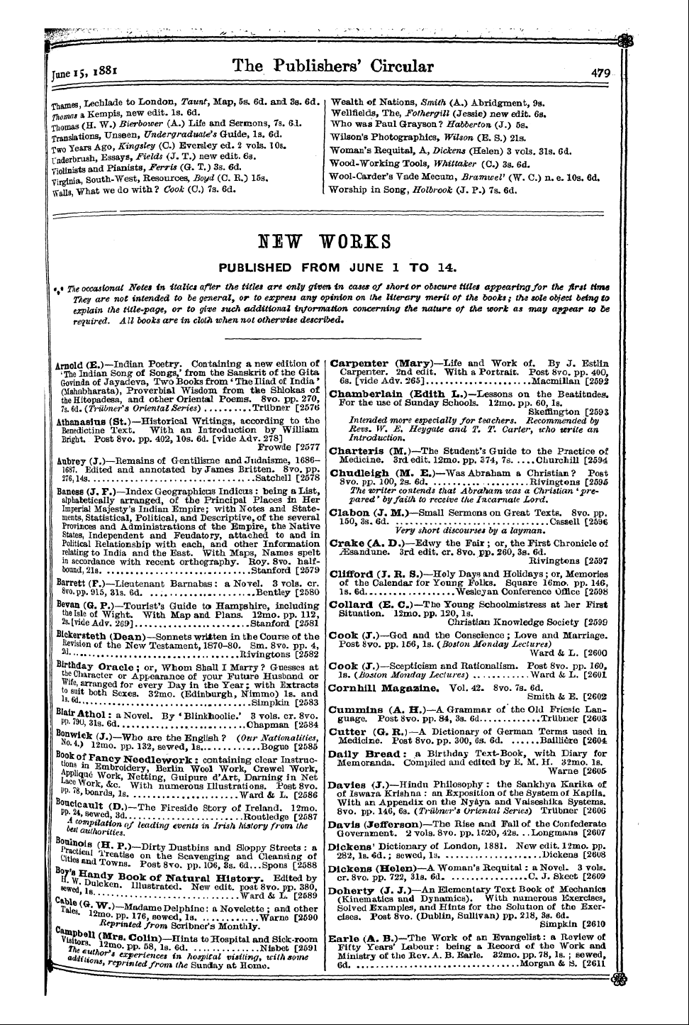 Publishers’ Circular (1880-1890): jS F Y, 1st edition - « * Me Occasional Notes In Italics After...