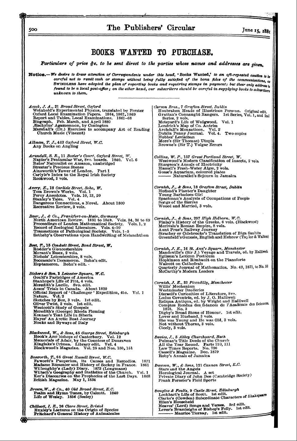 Publishers’ Circular (1880-1890): jS F Y, 1st edition - Particulars Of Price $C. To Be Sent Dire...