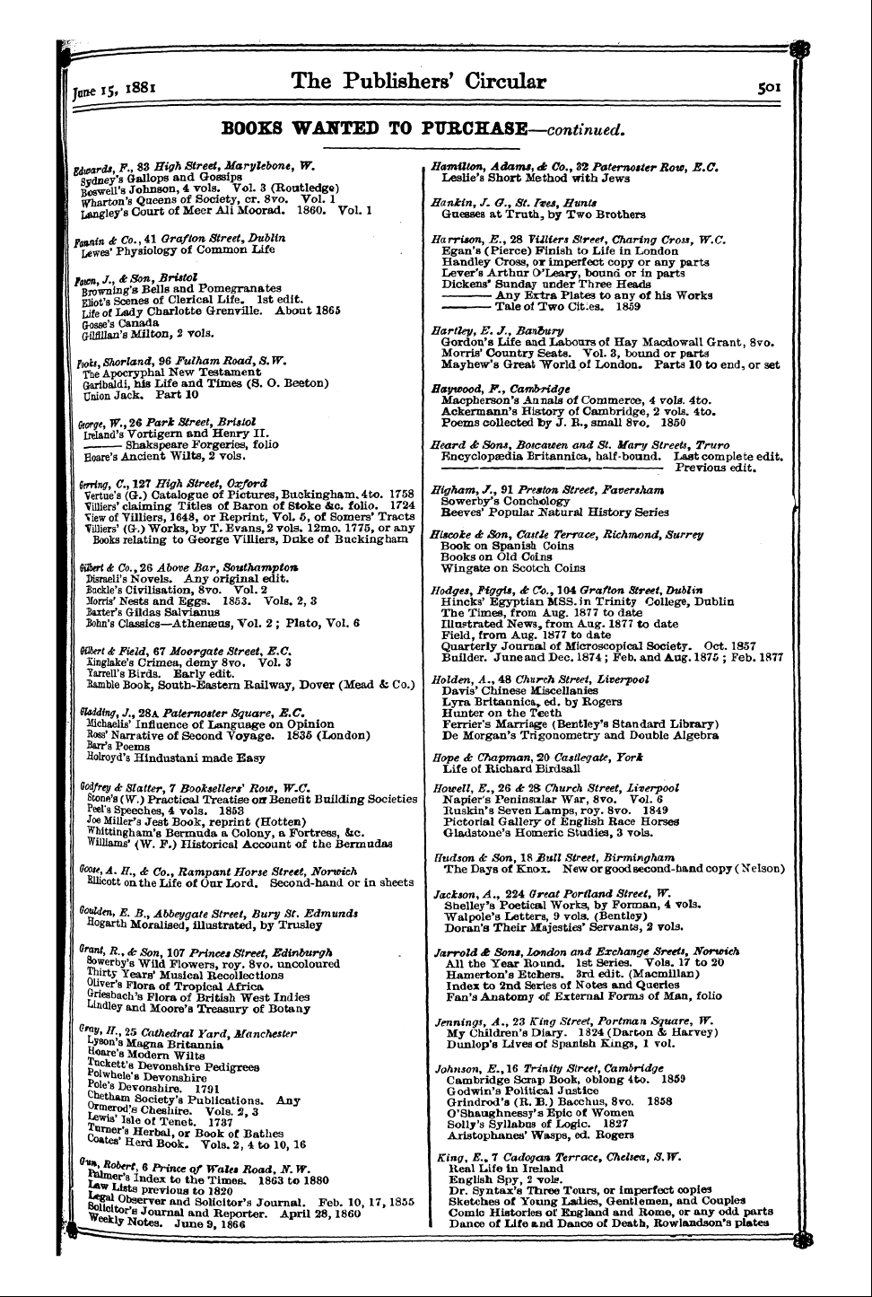 Publishers’ Circular (1880-1890): jS F Y, 1st edition - I Jfltte I5 ,1881 The Publishers' Circul...