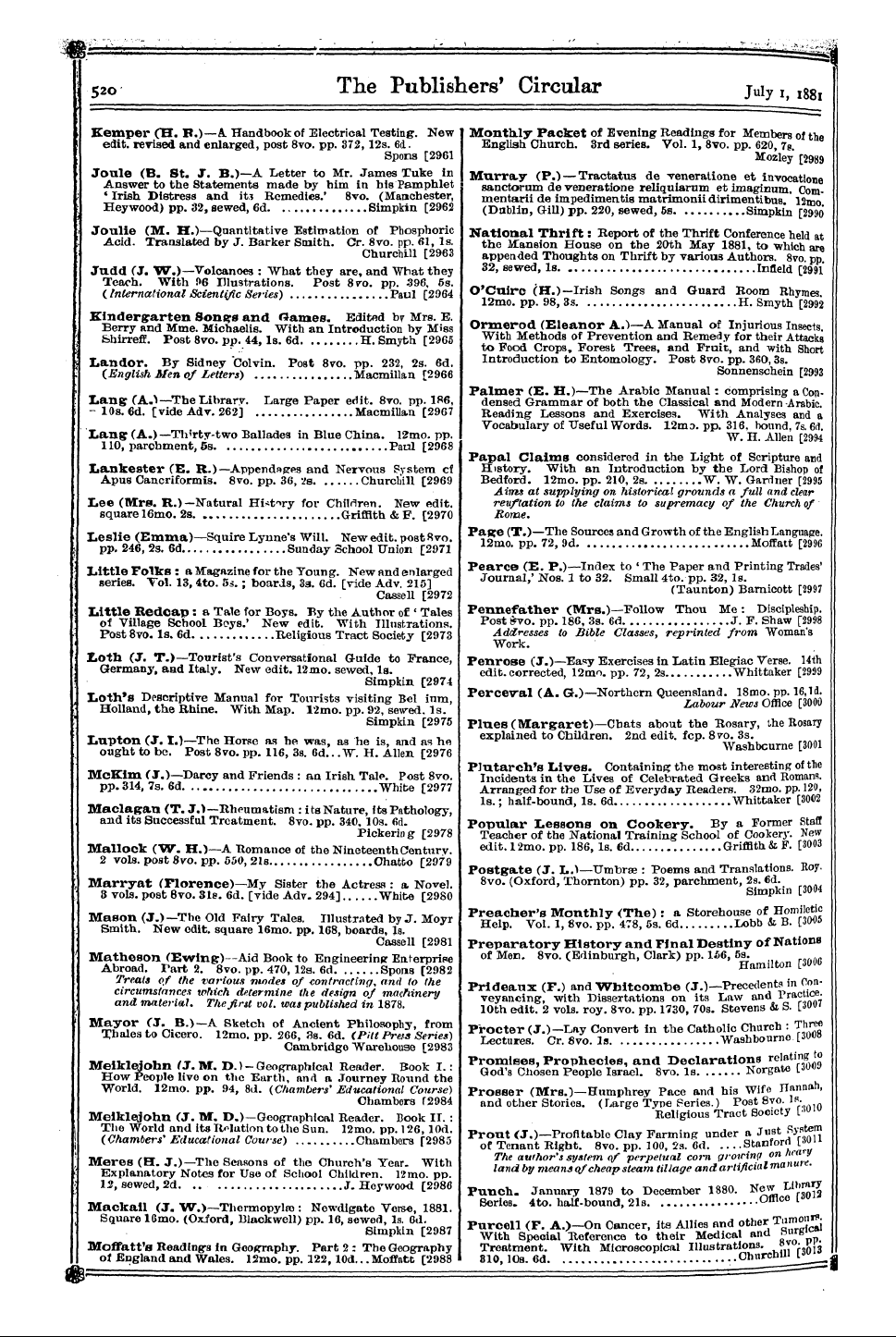 Publishers’ Circular (1880-1890): jS F Y, 1st edition: 16