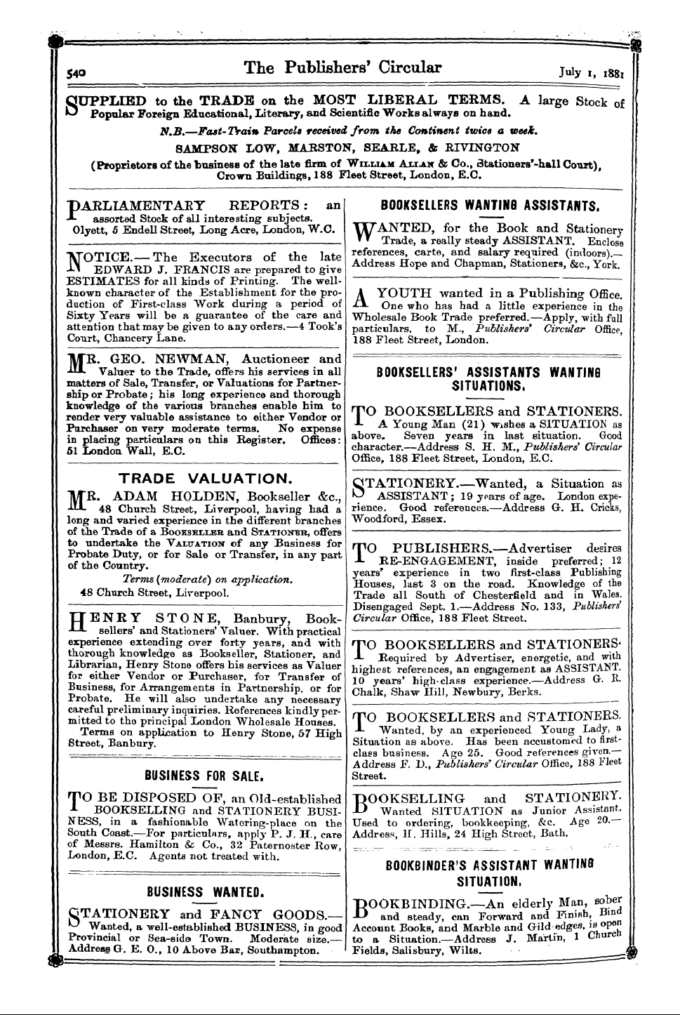 Publishers’ Circular (1880-1890): jS F Y, 1st edition - Ad03618