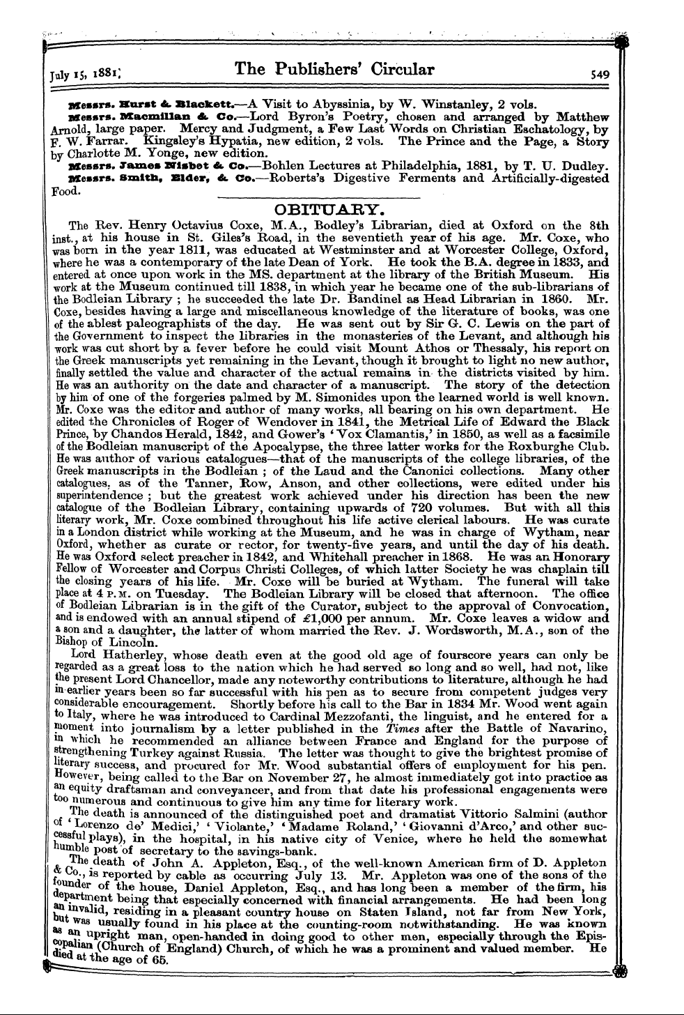 Publishers’ Circular (1880-1890): jS F Y, 1st edition - Since Our Last Publication The Following...