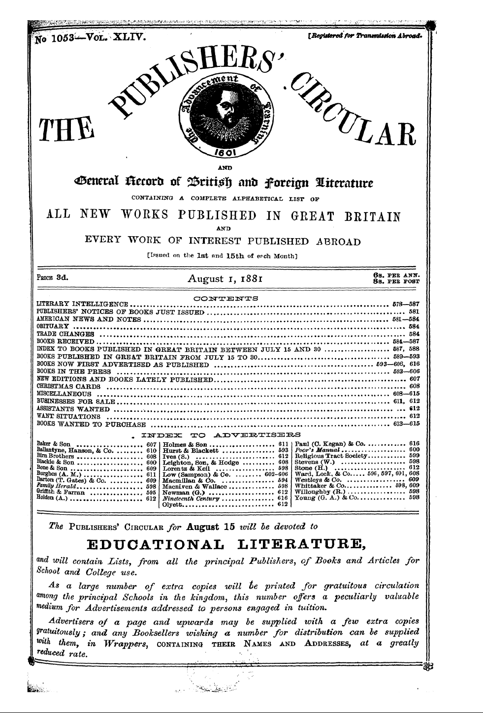 Publishers’ Circular (1880-1890): jS F Y, 1st edition - Literary Intelligence 678—587 Publishers...