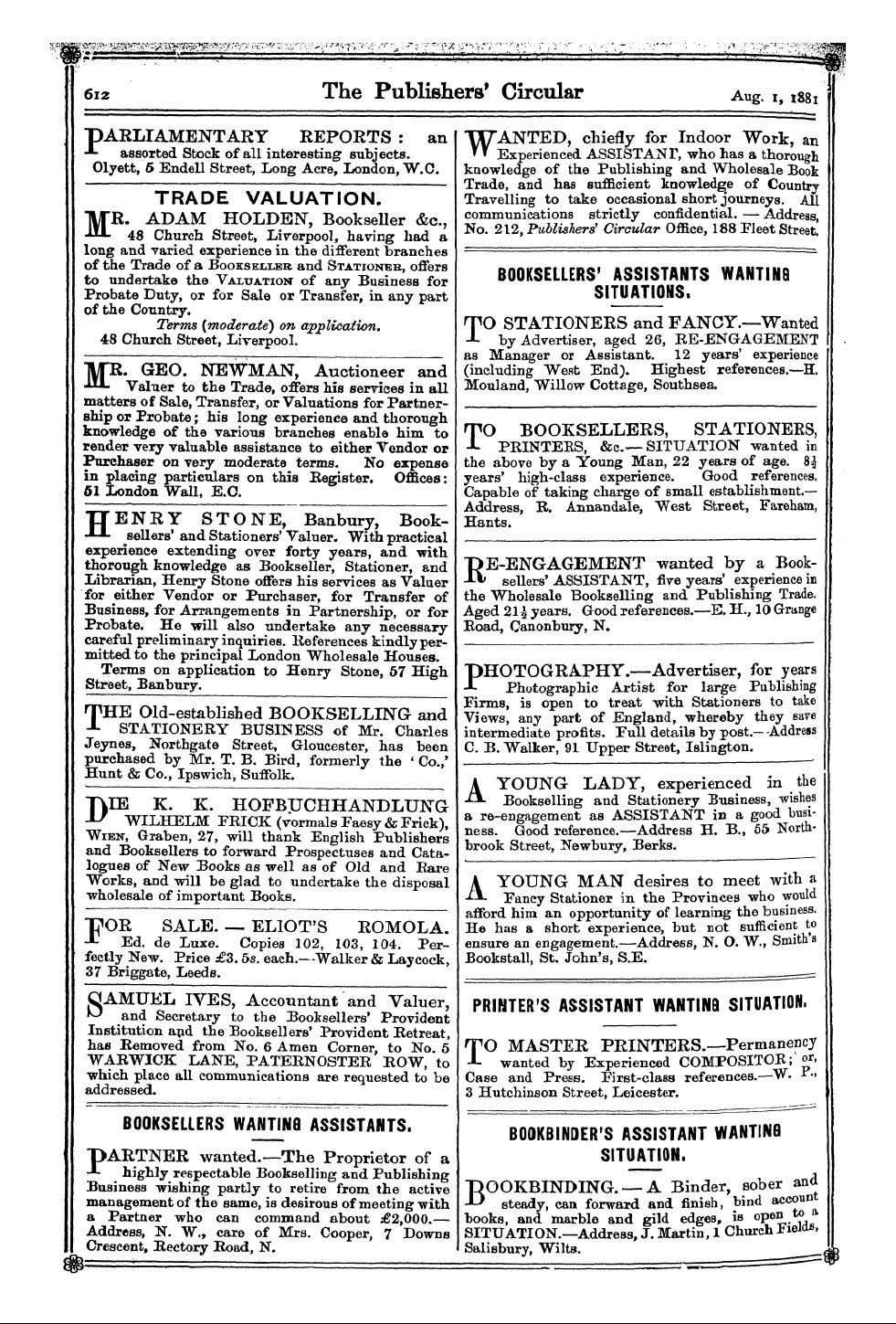 Publishers’ Circular (1880-1890): jS F Y, 1st edition - Ad03613