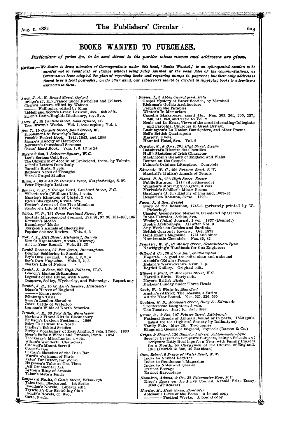 Publishers’ Circular (1880-1890): jS F Y, 1st edition - Acock Bridge , J. ' A S ( ., J 21 . H Br...