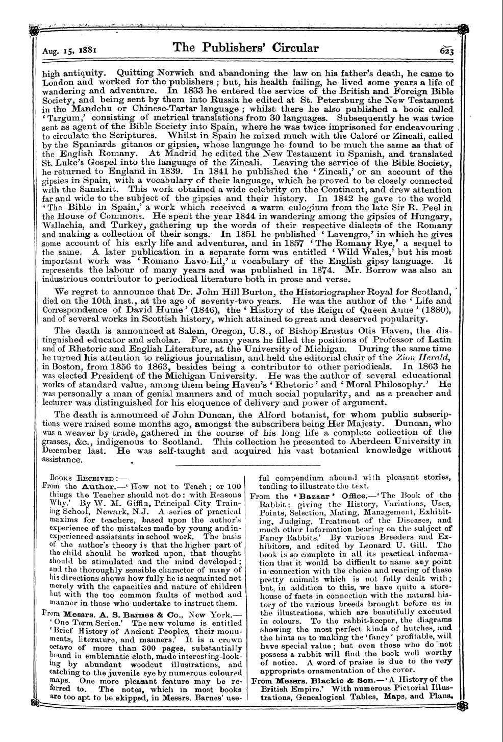 Publishers’ Circular (1880-1890): jS F Y, 1st edition - Books Received :— From The A.Uth.Or.—* H...