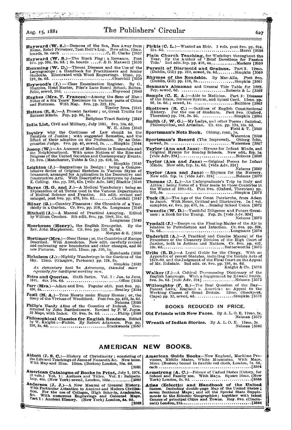 Publishers’ Circular (1880-1890): jS F Y, 1st edition: 11