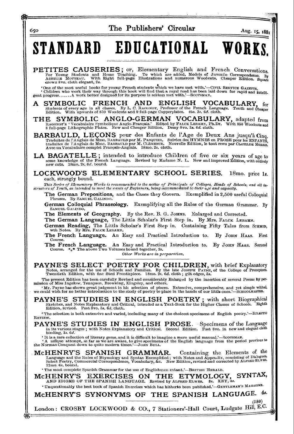 Publishers’ Circular (1880-1890): jS F Y, 1st edition - Ad03401