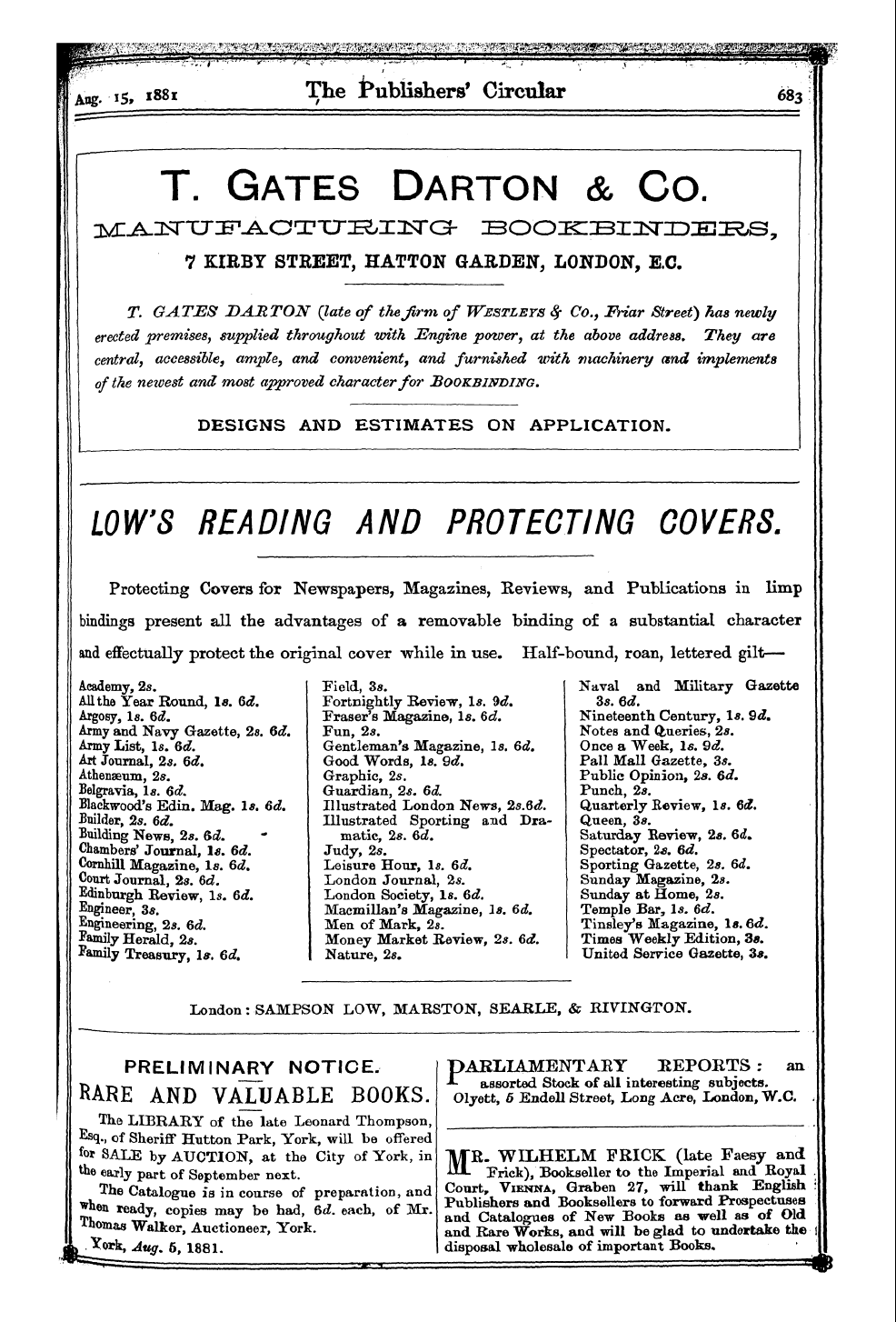 Publishers’ Circular (1880-1890): jS F Y, 1st edition - Ad06705